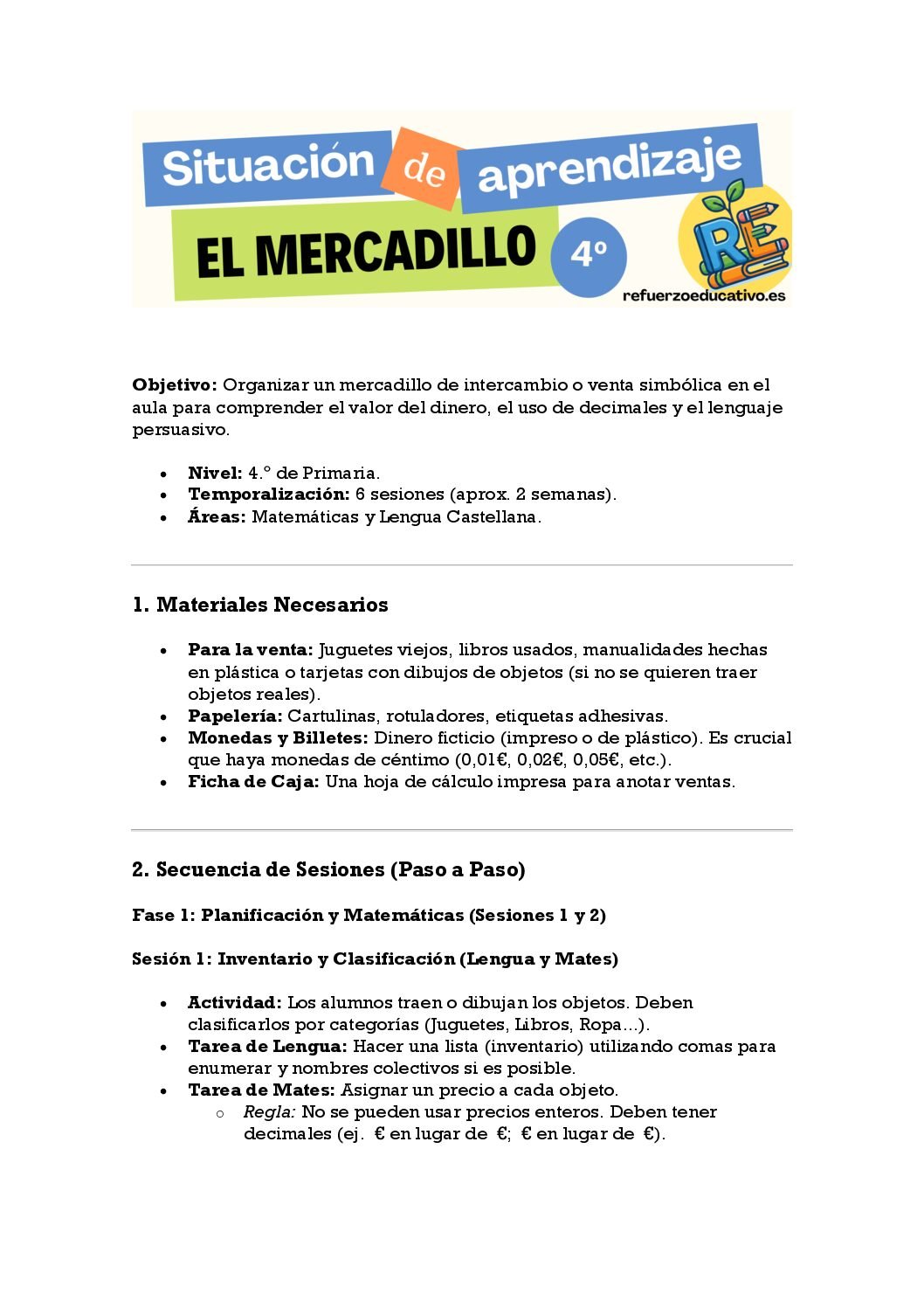 Situación de aprendizaje 'El mercadillo', 4º Ficha imprimible: Situación de aprendizaje 'El mercadillo', 4º
