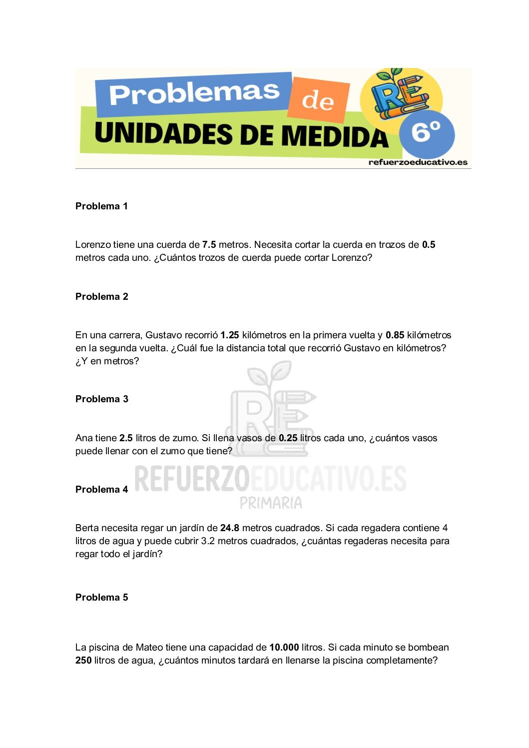 Problemas de unidades de medida para 6º de Primaria Ficha imprimible: Problemas de unidades de medida para 6º de Primaria