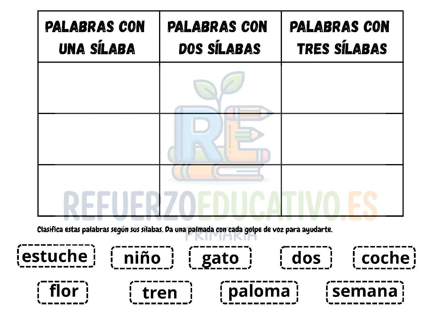 Clasificación de palabras (1º de Primaria) en PDF Ficha imprimible: Clasificación de palabras (1º de Primaria) en PDF