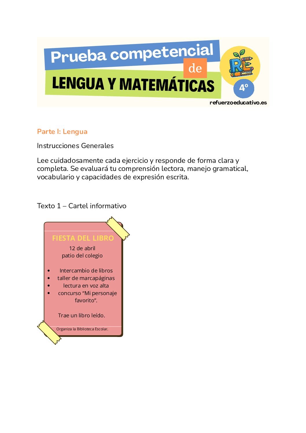 Ficha imprimible: Prueba competencial 'La fiesta del libro', 4º