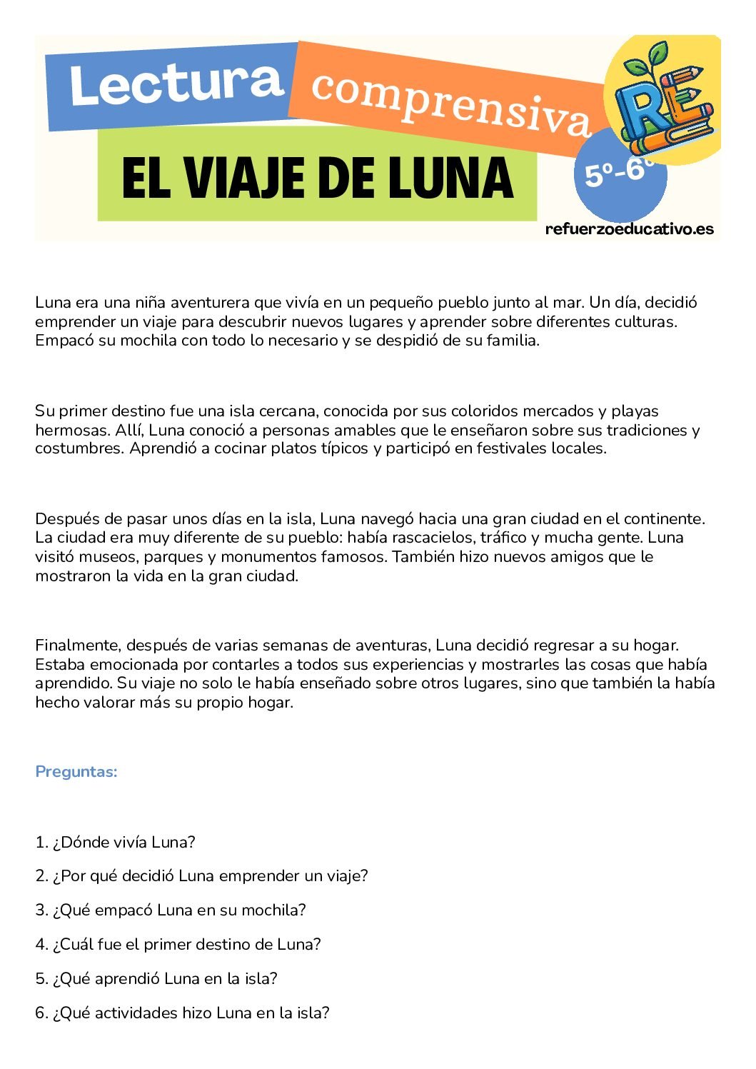 El viaje de Luna: cuento para leer en Primaria (PDF) Ficha imprimible: El viaje de Luna en PDF
