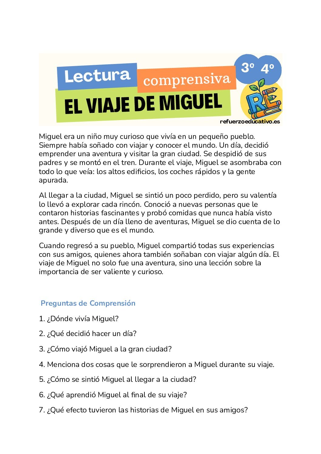 Ficha imprimible: El viaje de Miguel (3º de Primaria) en PDF