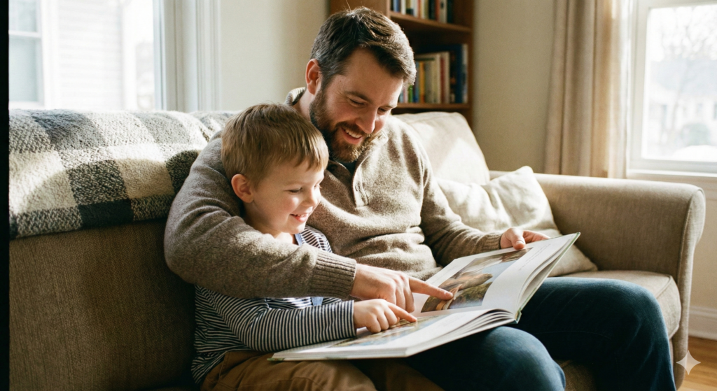 Padre e hijo leyendo juntos un libro para mejorar la comprensión lectora