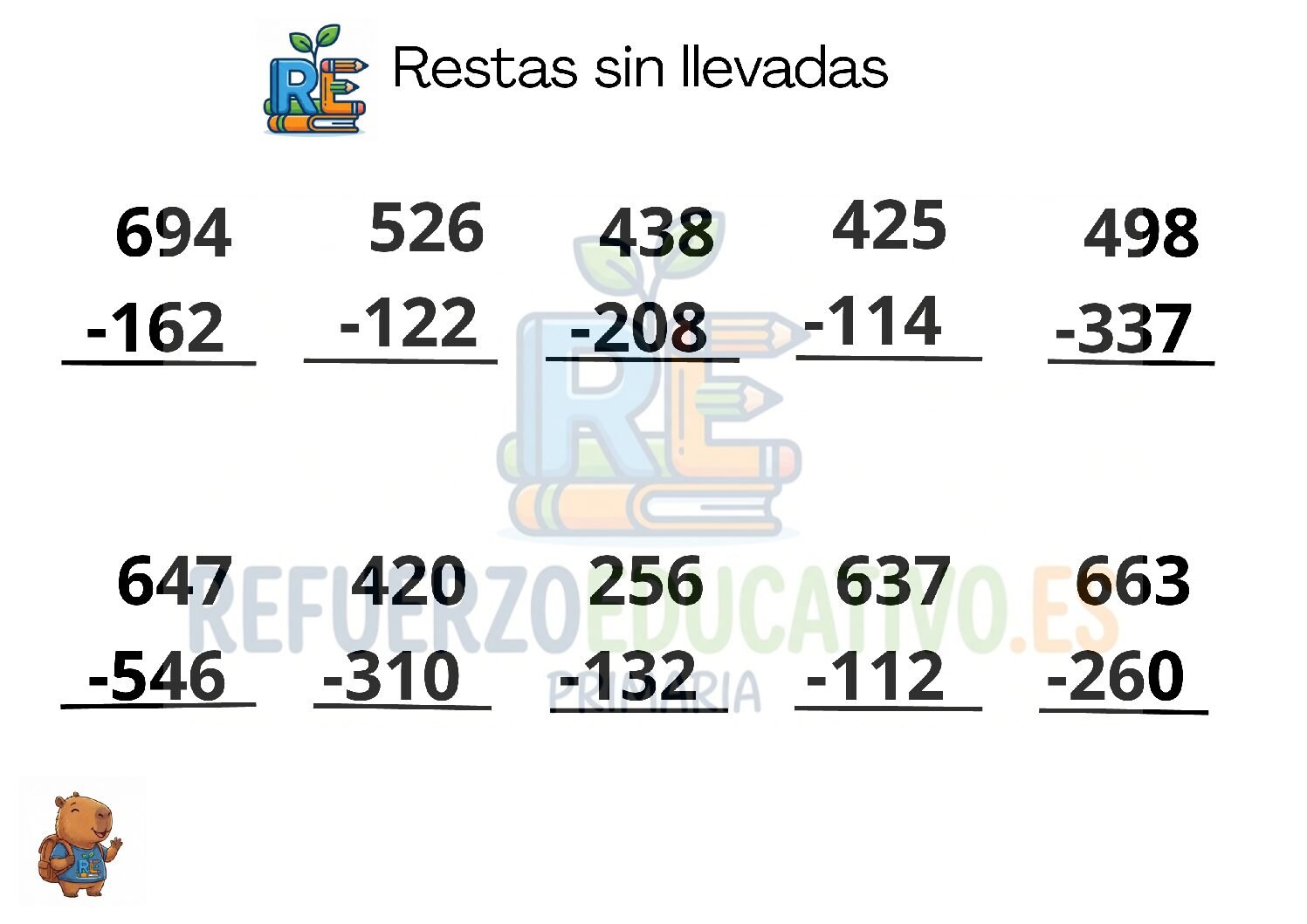 Restas sin llevadas para 1º de Primaria en PDF Ficha imprimible: Restas sin llevadas para 1º de Primaria en PDF