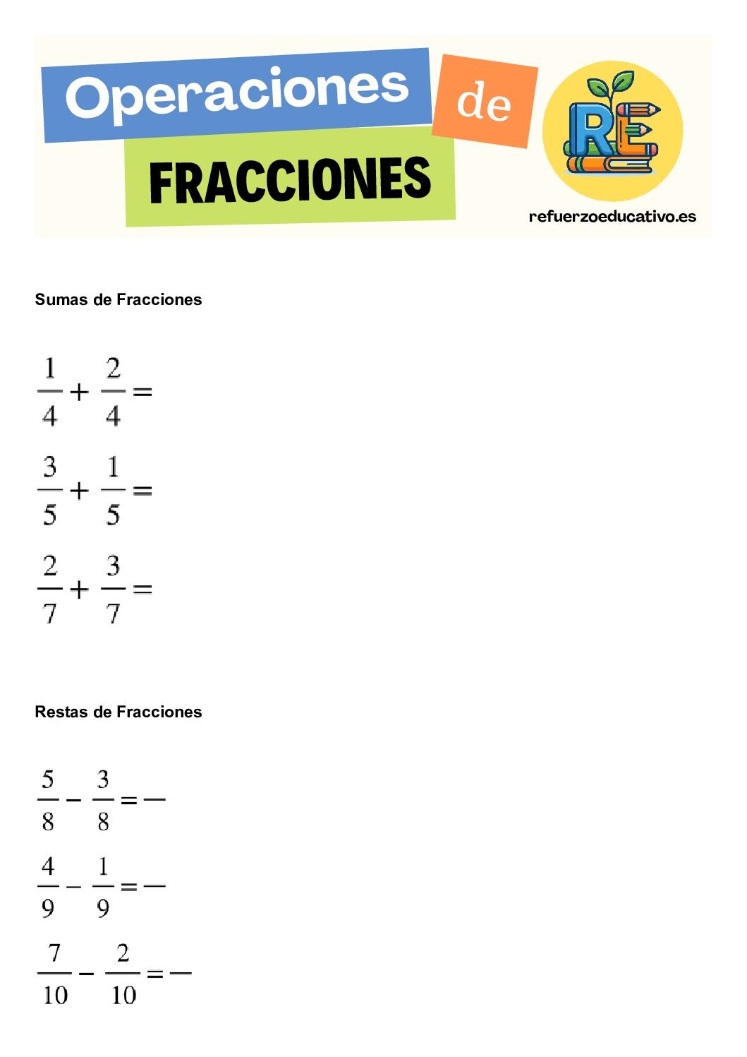 Sumas de fracciones para Primaria (ficha en PDF) Ficha imprimible: Sumas de fracciones para Primaria (ficha en PDF)