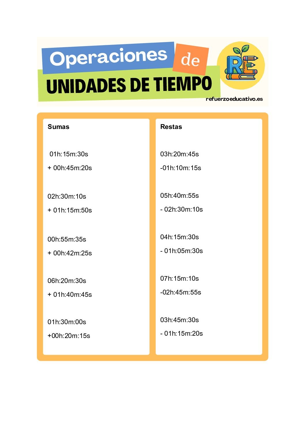 Sumas y restas de tiempo (horas y minutos) en PDF Ficha imprimible: Sumas y restas de tiempo (horas y minutos) en PDF
