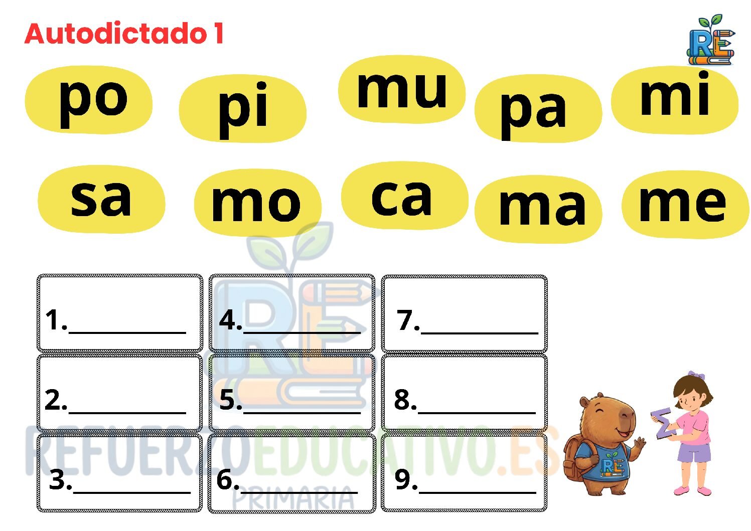 Autodictado de sílabas para 1º de Primaria Ficha imprimible: Autodictado de sílabas para 1º de Primaria