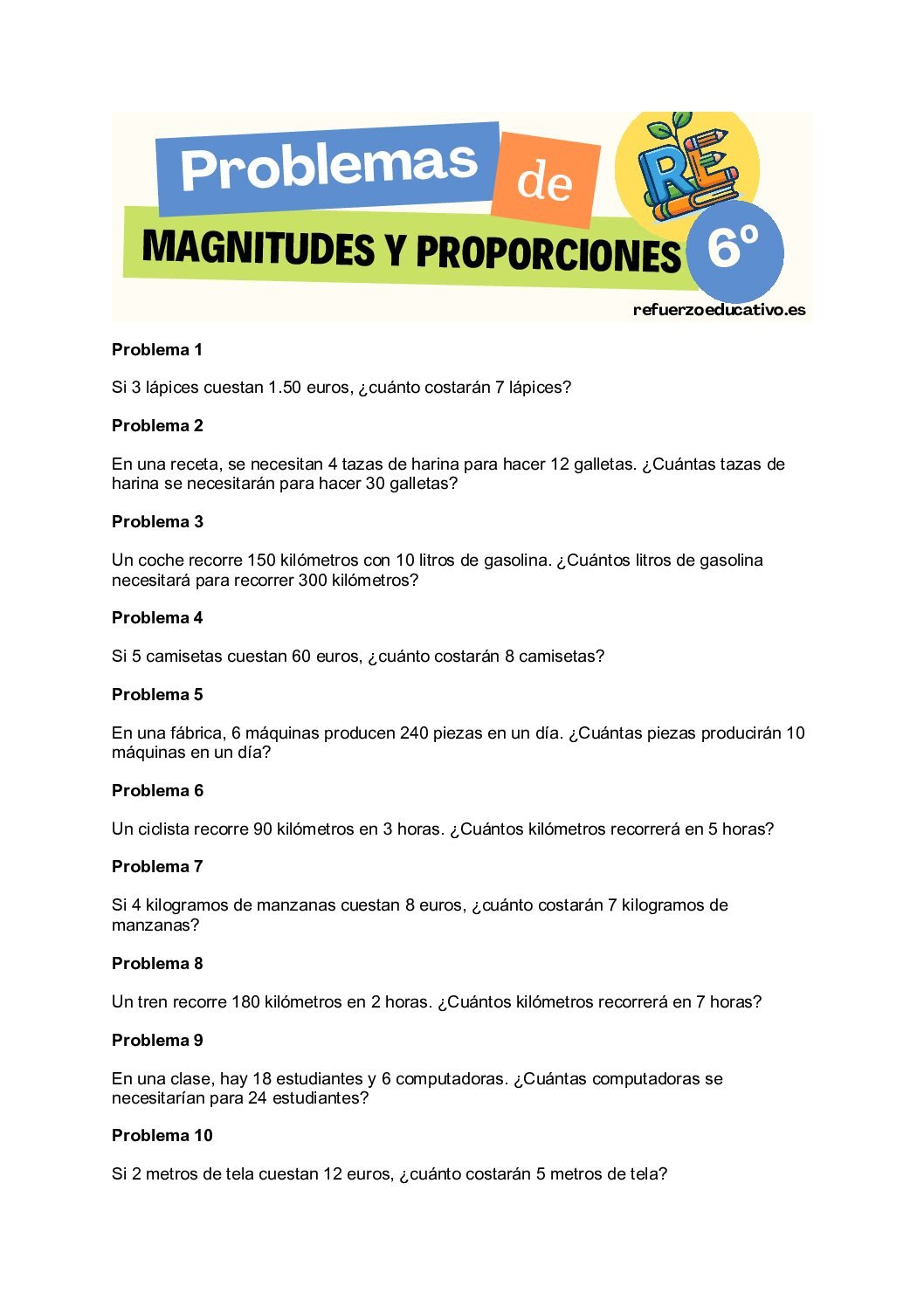 Problemas de magnitudes y proporcionalidad (6º) Ficha imprimible: Problemas de magnitudes y proporcionalidad (6º)