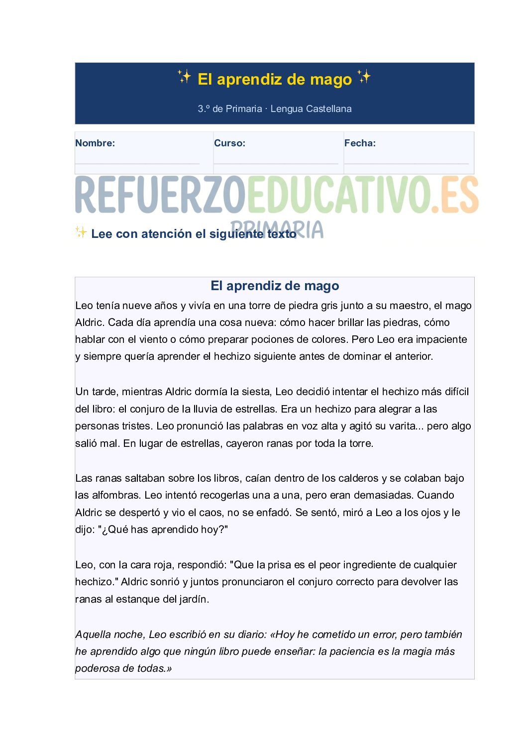 El aprendiz de mago: cuento infantil en PDF gratis Ficha imprimible: El aprendiz de mago en PDF