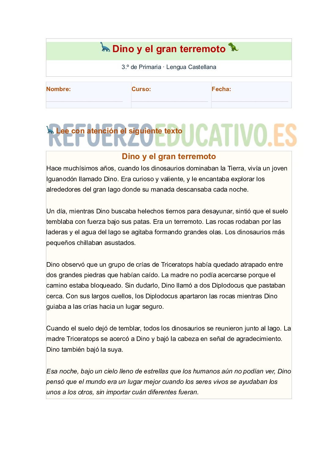 Dino y el gran terremoto en PDF Ficha imprimible: Dino y el gran terremoto en PDF