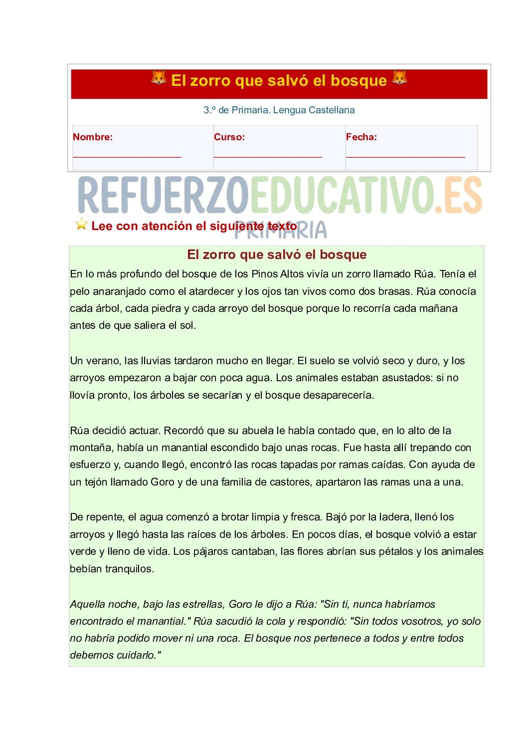 El zorro que salvó el bosque en PDF Ficha imprimible: El zorro que salvó el bosque en PDF
