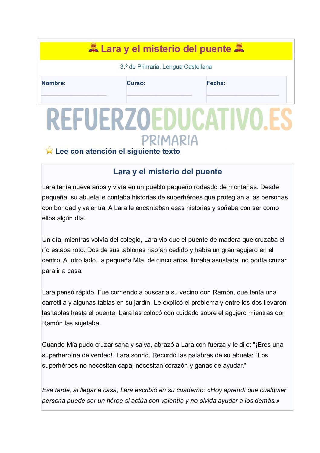 Ficha imprimible: Lara y el misterio del puente en PDF