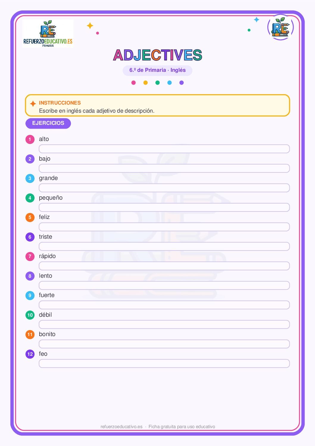 Ficha imprimible: Adjetivos para describir en inglés para 6º de Primaria