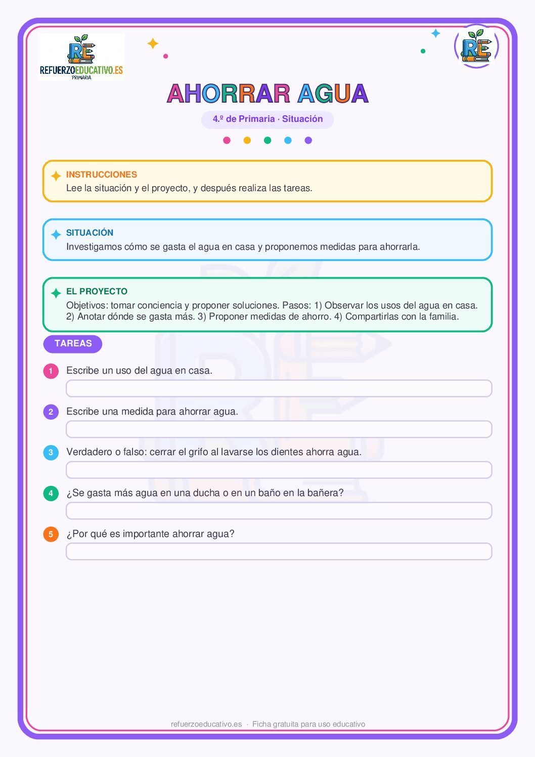 Situación de aprendizaje: Ahorrar agua para 4º de Primaria (PDF) Ficha imprimible: Situación de aprendizaje: Ahorrar agua para 4º de Primaria
