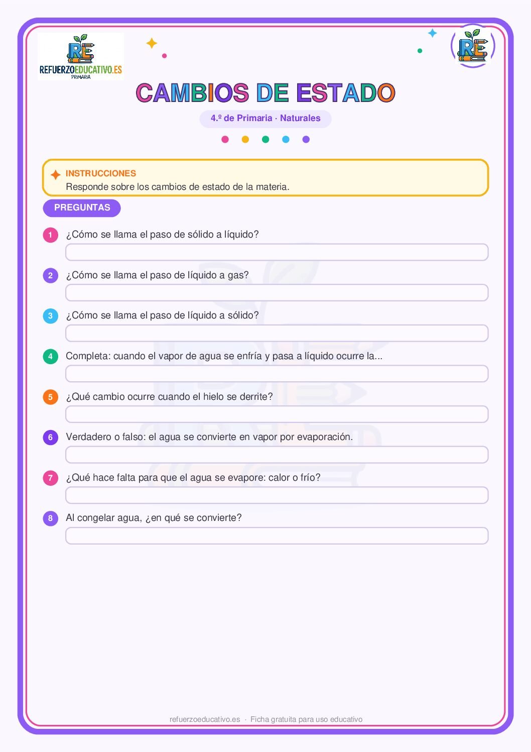 Los cambios de estado de la materia para 4º de Primaria (PDF) Ficha imprimible: Los cambios de estado de la materia para 4º de Primaria