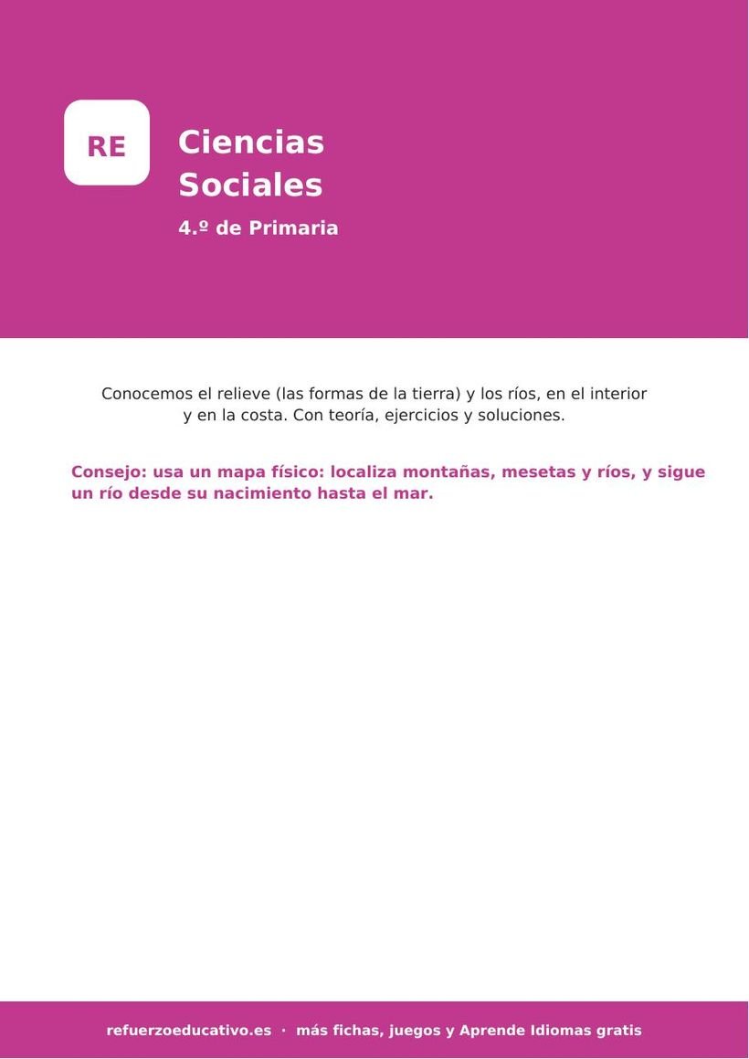 Ciencias Sociales para 4.º de Primaria: el relieve y los ríos (con soluciones) ciencias sociales 4 primaria portada