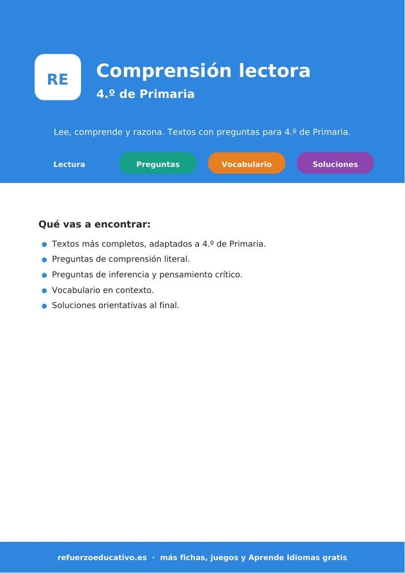 Comprensión lectora para 4º de Primaria: fichas gratis en PDF Ficha de comprensión lectora para 4º de Primaria
