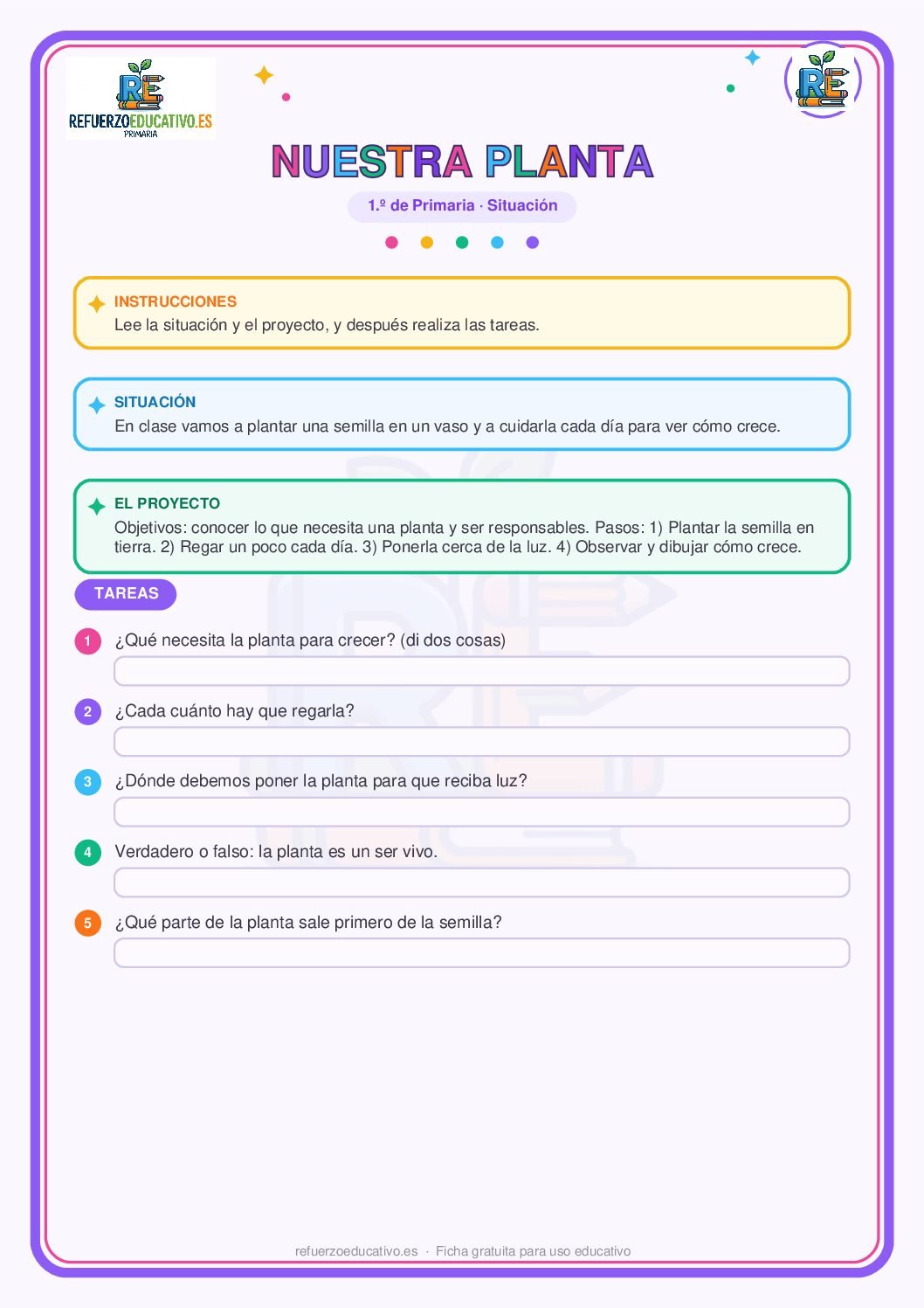 Situación de aprendizaje: Nuestra planta para 1º de Primaria (PDF) Ficha imprimible: Situación de aprendizaje: Nuestra planta para 1º de Primaria