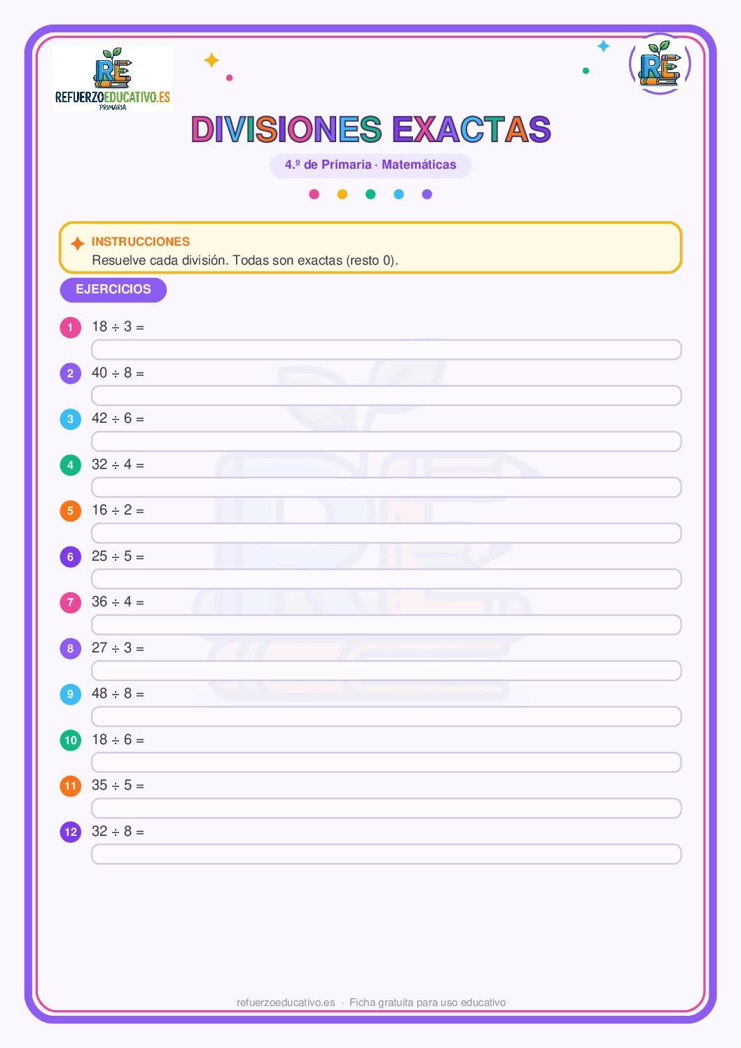 Divisiones exactas para 4º de Primaria (PDF) Ficha imprimible: Divisiones exactas para 4º de Primaria