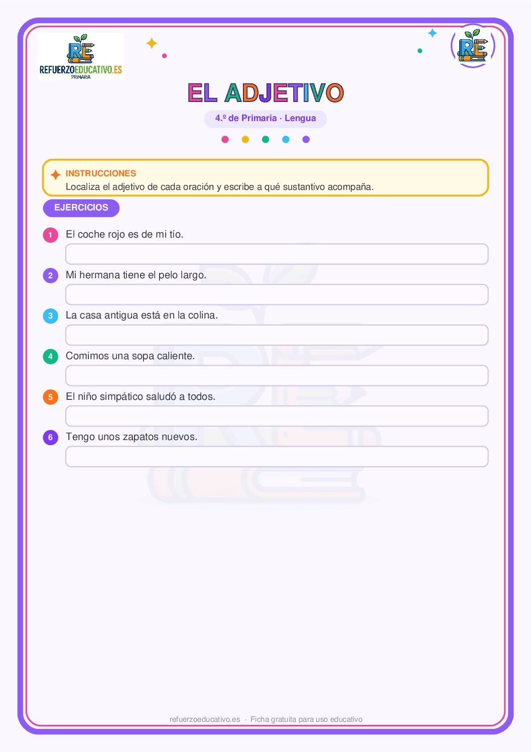El adjetivo para 4º de Primaria (PDF) Ficha imprimible: El adjetivo para 4º de Primaria