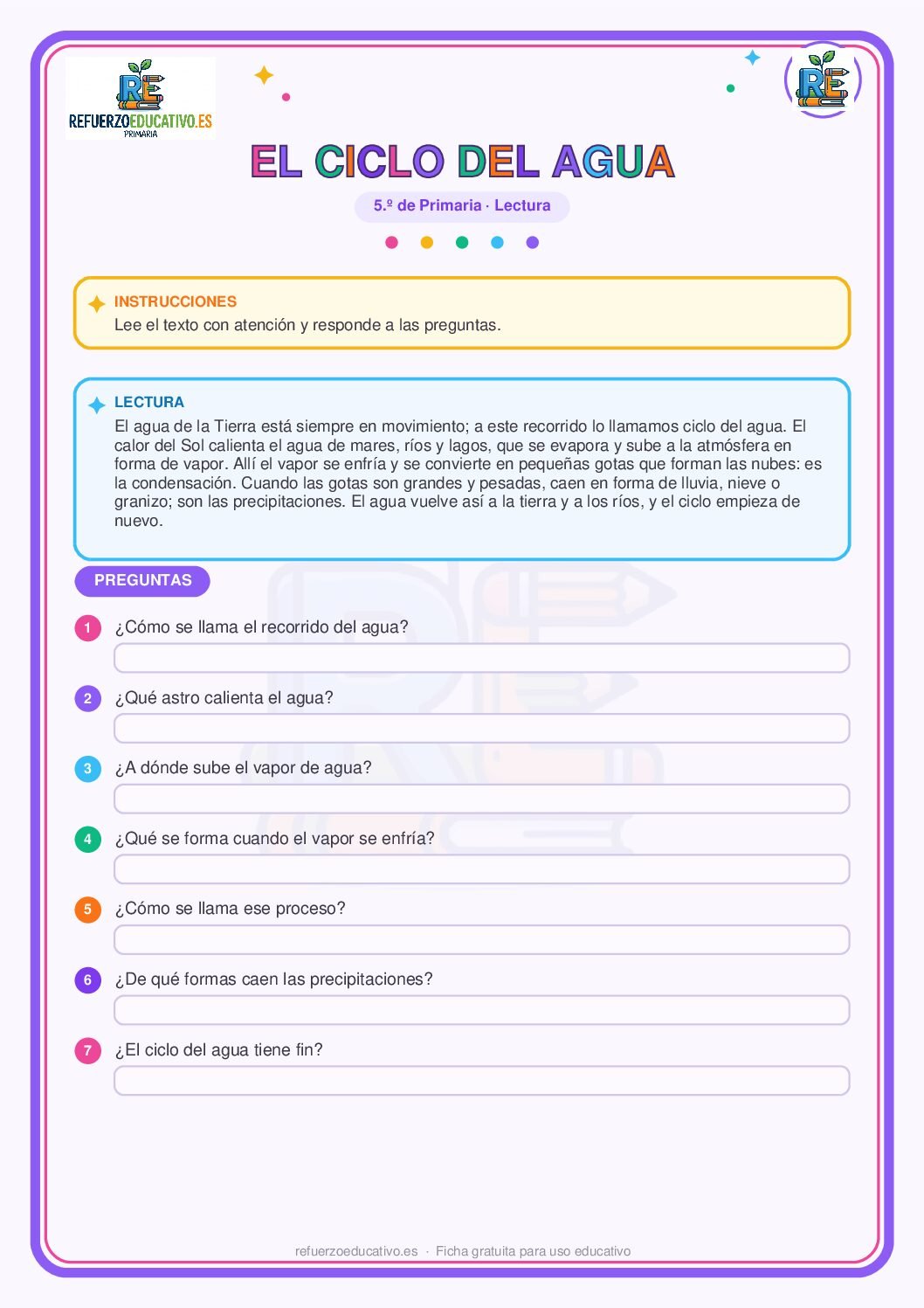Lectura comprensiva: El ciclo del agua para 5º de Primaria (PDF) Ficha imprimible: Lectura comprensiva: El ciclo del agua para 5º de Primaria
