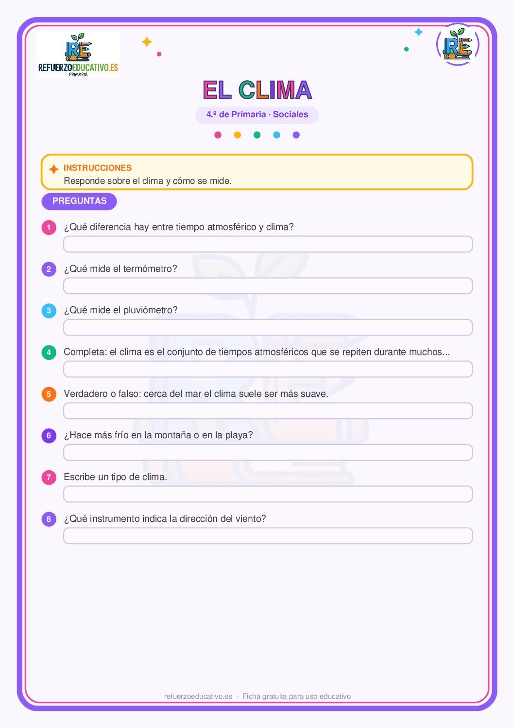 Ficha imprimible: El clima y sus factores para 4º de Primaria