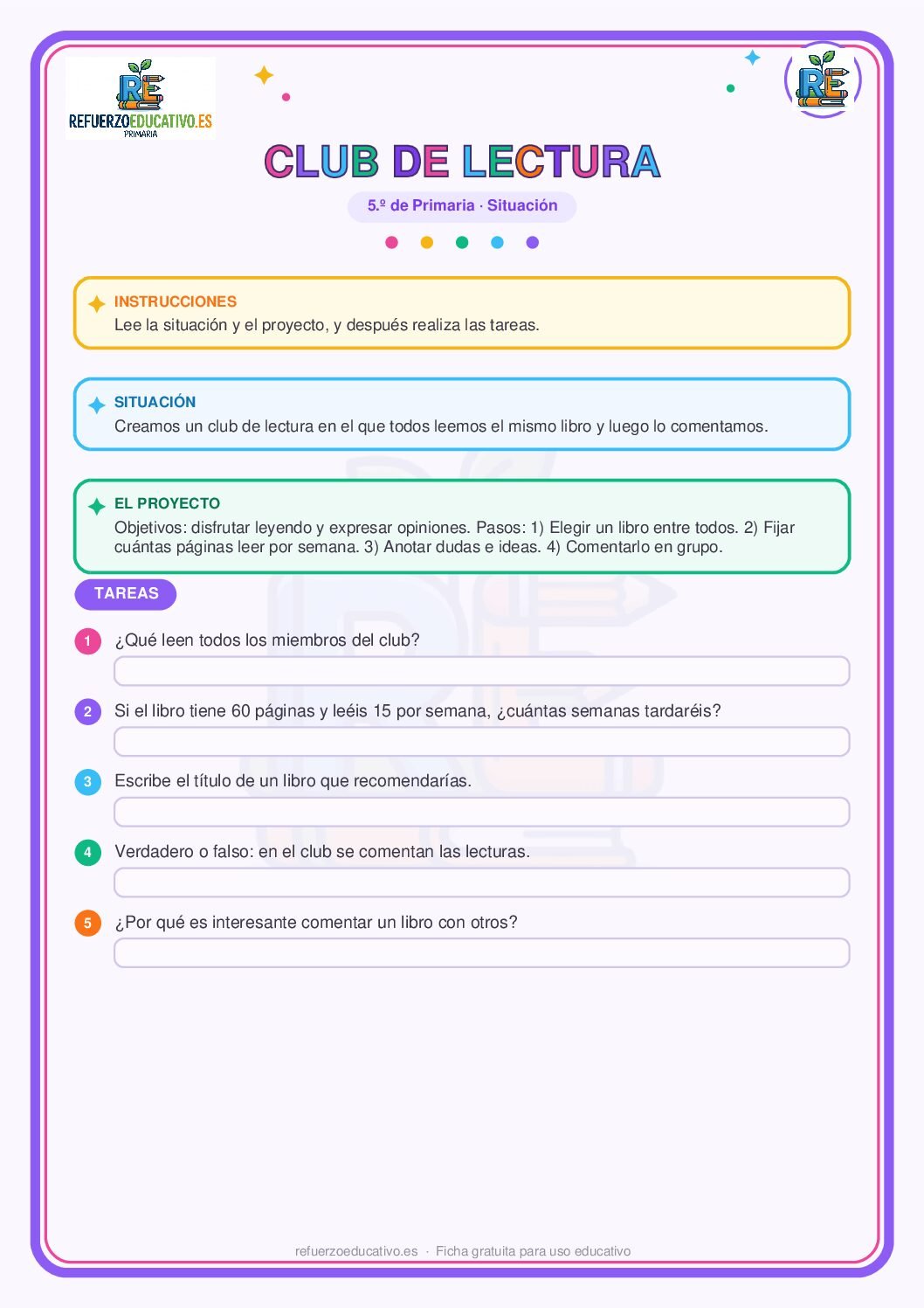 Situación de aprendizaje: Club de lectura para 5º de Primaria (PDF) Ficha imprimible: Situación de aprendizaje: Club de lectura para 5º de Primaria