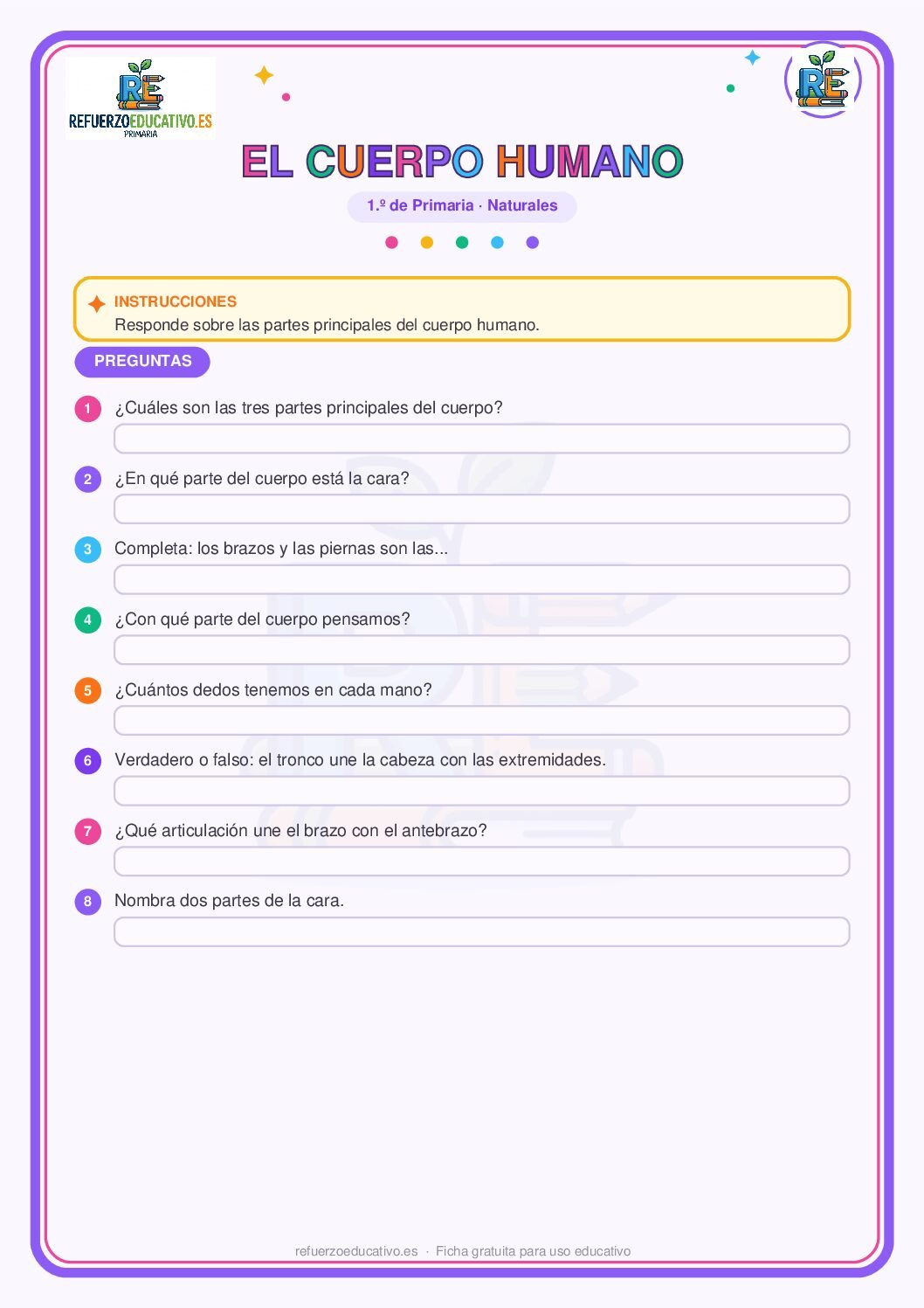 El cuerpo humano: partes principales para 1º de Primaria (PDF) Ficha imprimible: El cuerpo humano: partes principales para 1º de Primaria