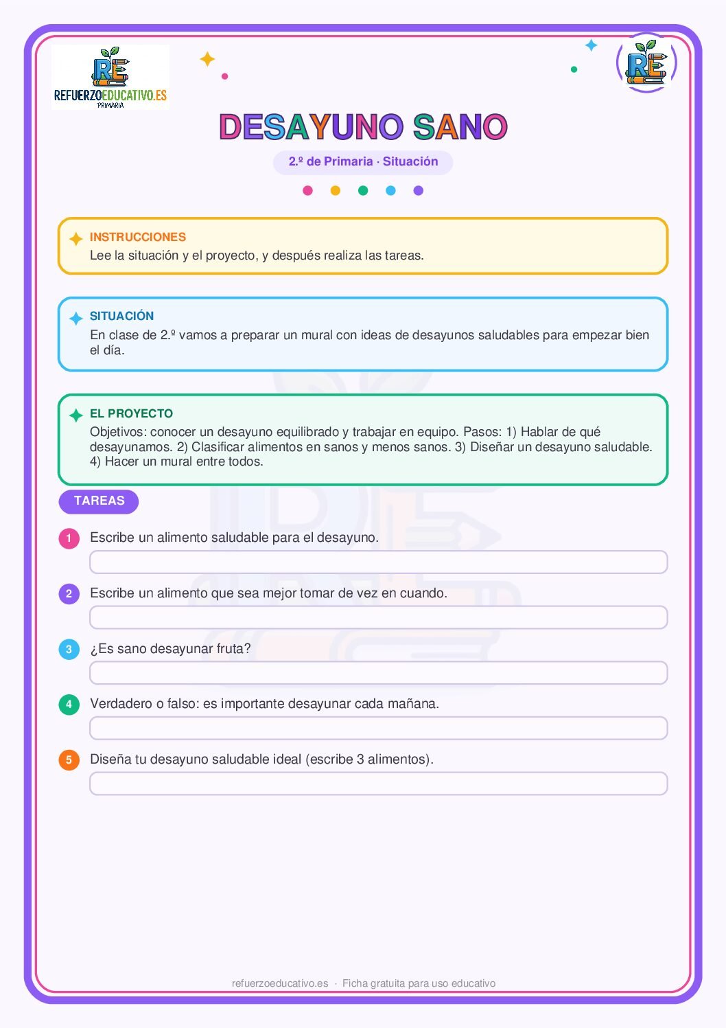 Situación de aprendizaje: Desayuno sano para 2º de Primaria (PDF) Ficha imprimible: Situación de aprendizaje: Desayuno sano para 2º de Primaria