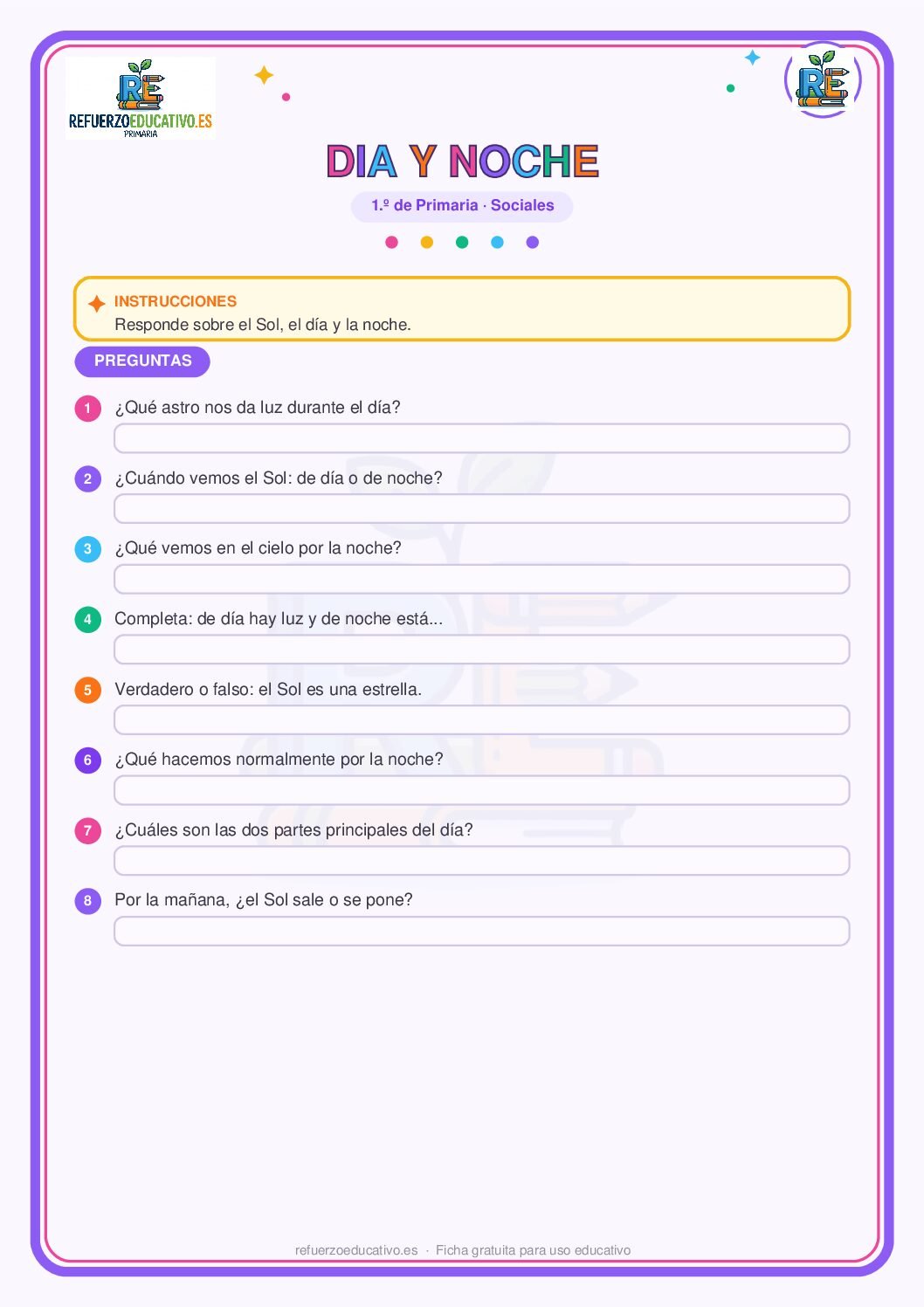 Ficha imprimible: El Sol, el día y la noche para 1º de Primaria