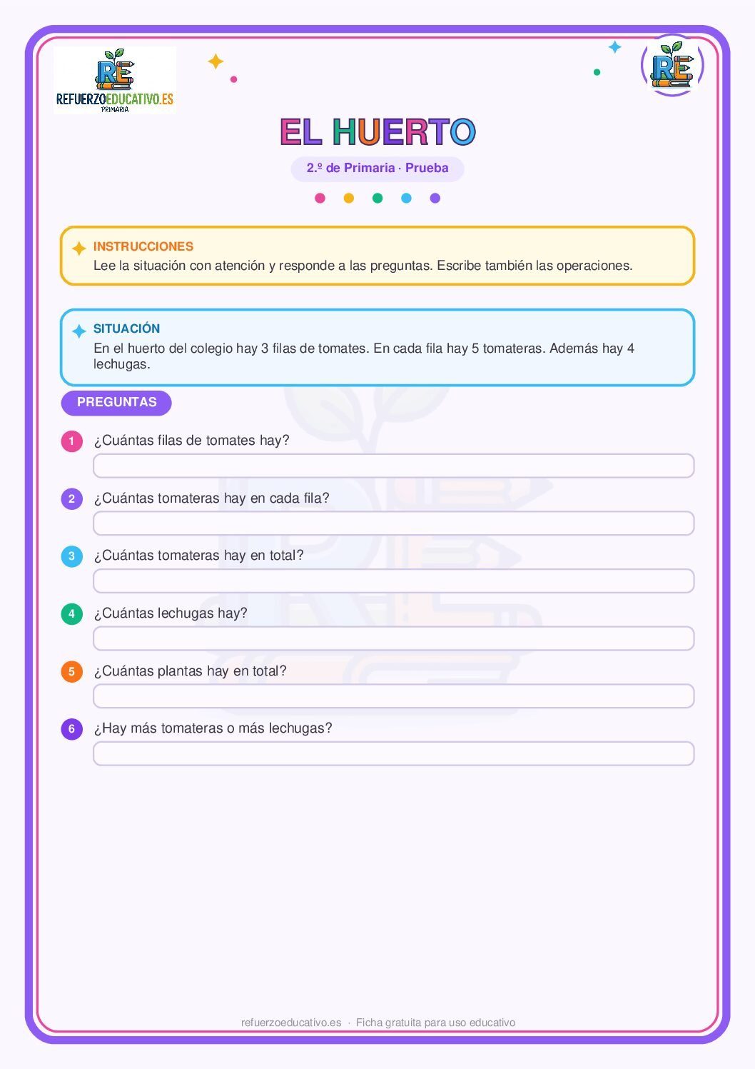 Ficha imprimible: Prueba competencial: El huerto para 2º de Primaria