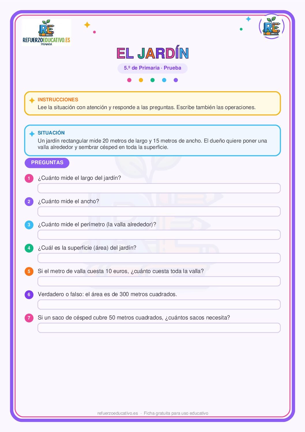 Prueba competencial: El jardín para 5º de Primaria (PDF) Ficha imprimible: Prueba competencial: El jardín para 5º de Primaria