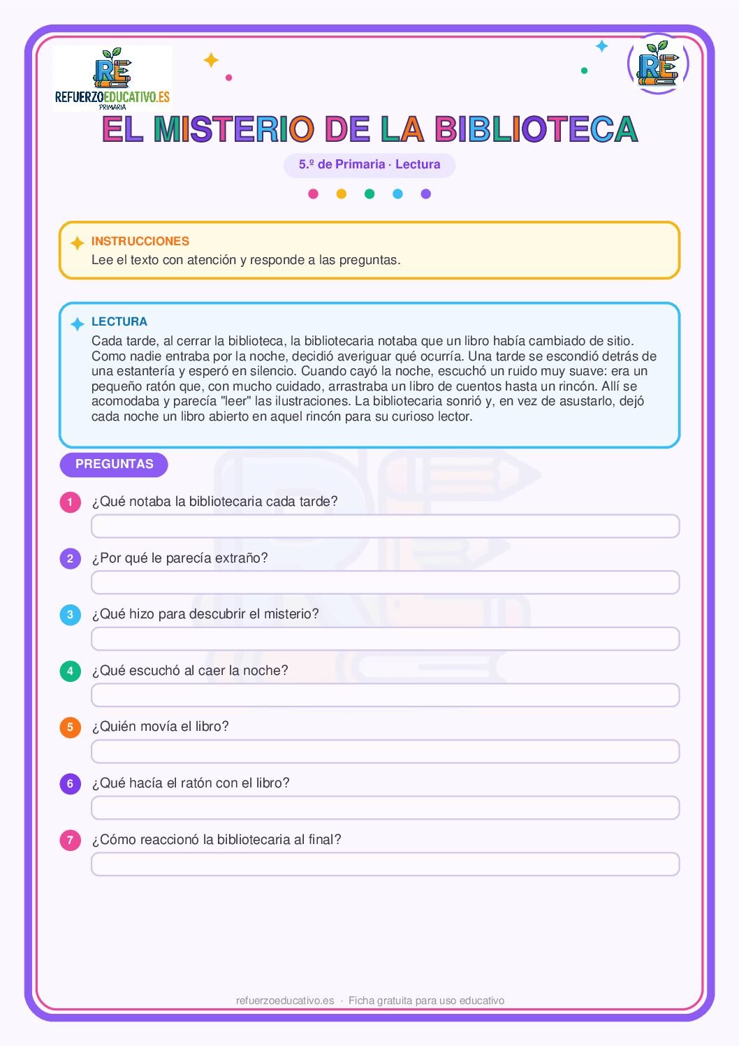 Lectura comprensiva: El misterio de la biblioteca para 5º de Primaria (PDF) Ficha imprimible: Lectura comprensiva: El misterio de la biblioteca para 5º de Primaria