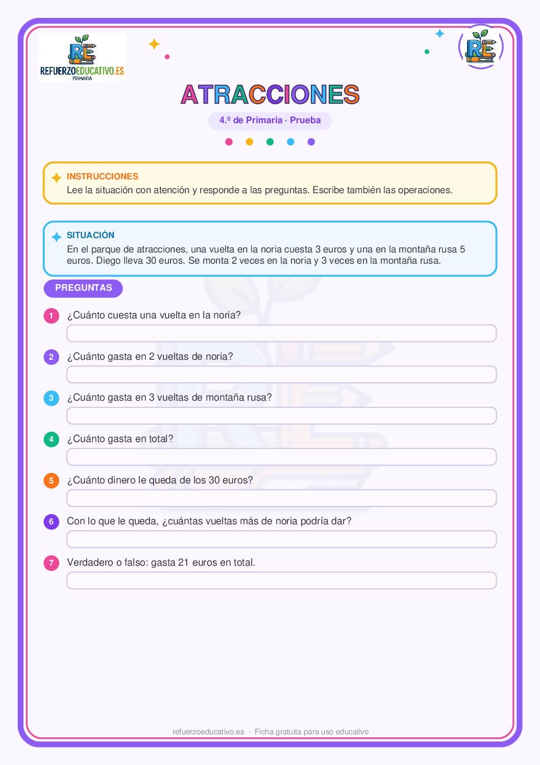 Prueba competencial: Atracciones para 4º de Primaria (PDF) Ficha imprimible: Prueba competencial: Atracciones para 4º de Primaria