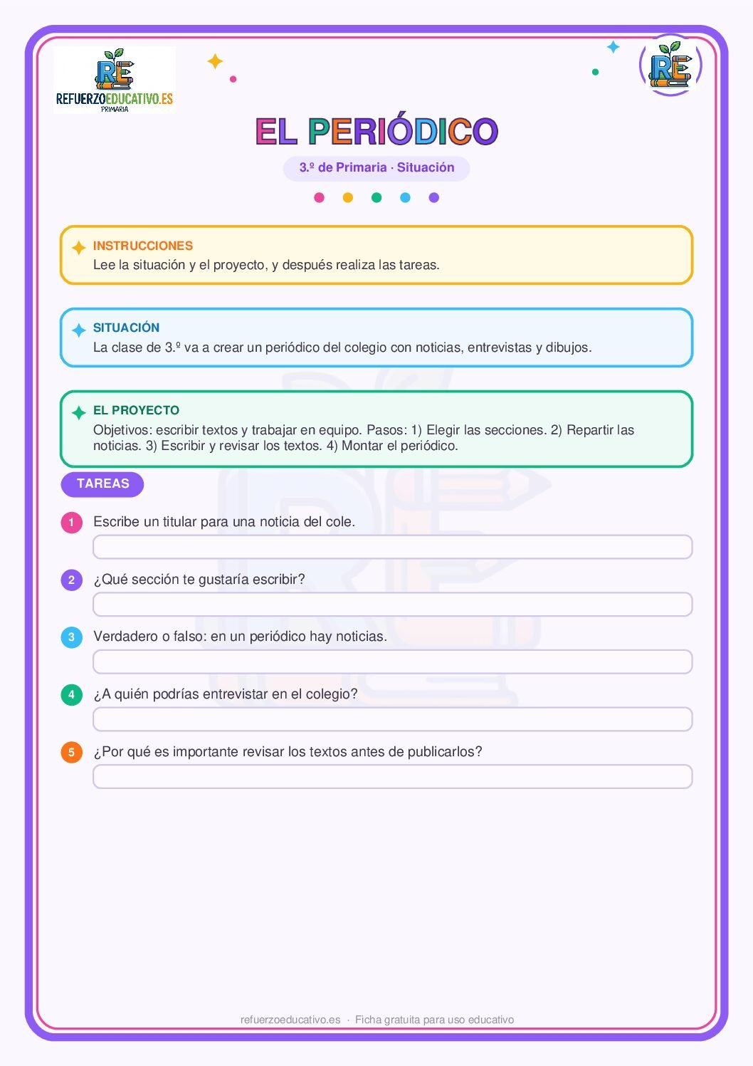 Situación de aprendizaje: El periódico para 3º de Primaria (PDF) Ficha imprimible: Situación de aprendizaje: El periódico para 3º de Primaria