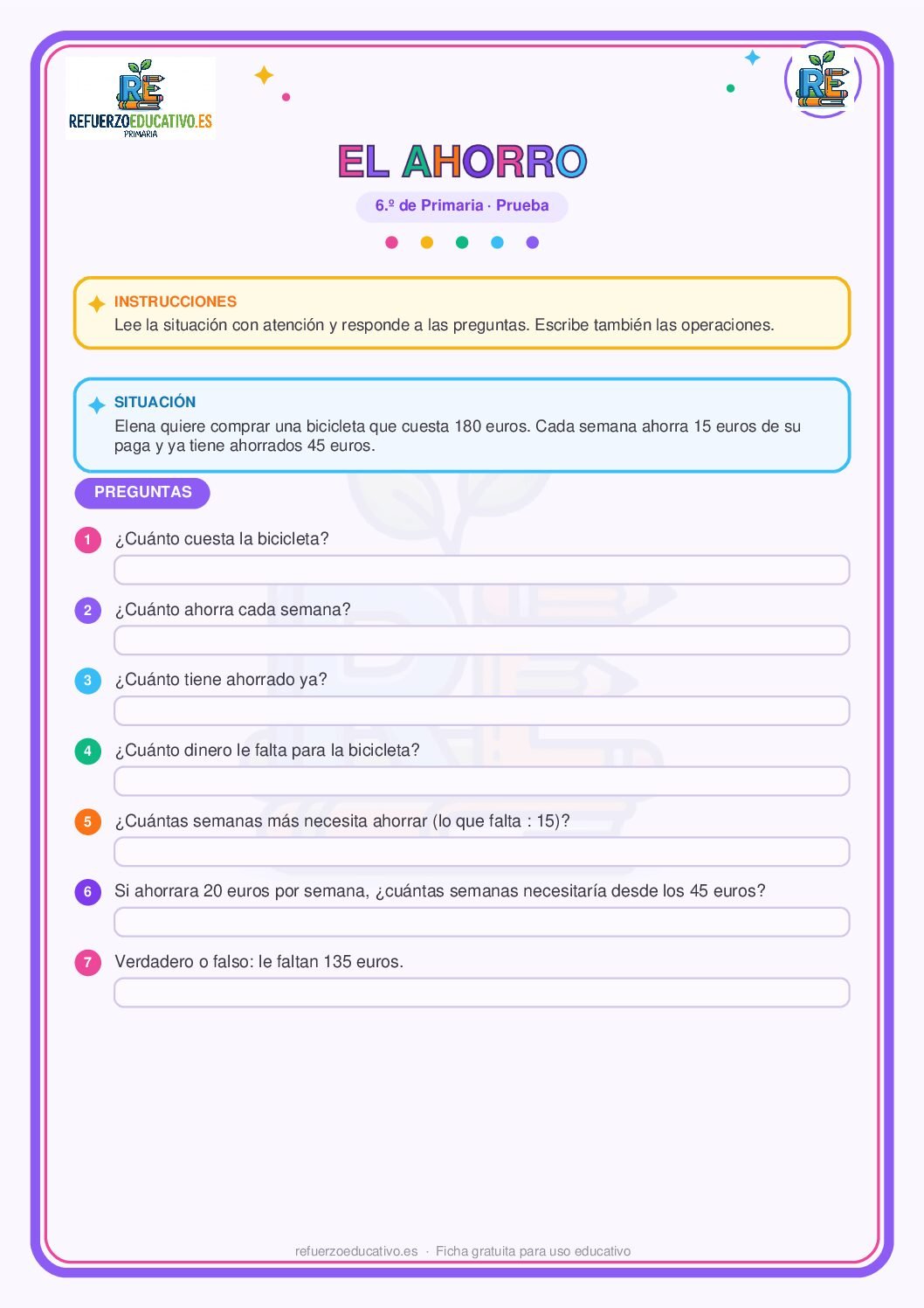 Ficha imprimible: Prueba competencial: El ahorro para 6º de Primaria