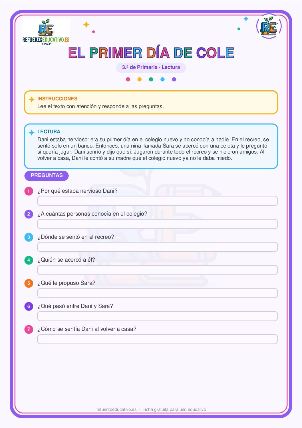 Lectura comprensiva: El primer día de cole de Dani para 3º de Primaria (PDF) Ficha imprimible: Lectura comprensiva: El primer día de cole de Dani para 3º de Primaria