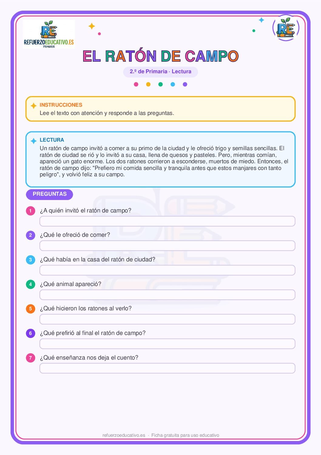 Lectura comprensiva: El ratón de campo y el de ciudad para 2º de Primaria (PDF) Ficha imprimible: Lectura comprensiva: El ratón de campo y el de ciudad para 2º de Primaria