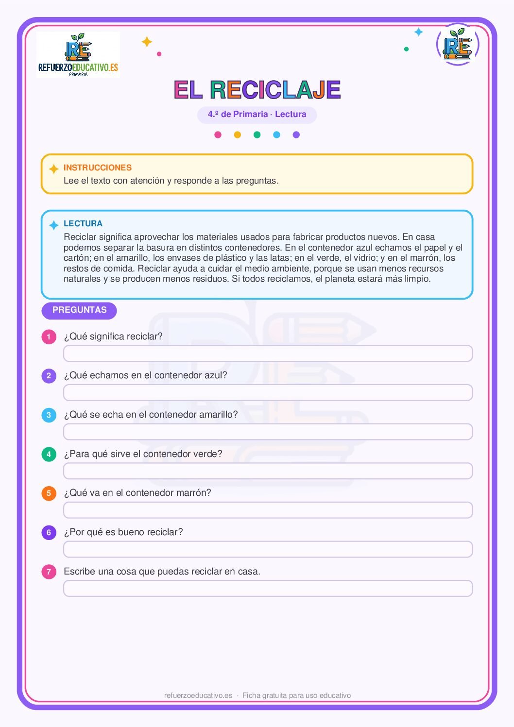 Lectura comprensiva: El reciclaje para 4º de Primaria (PDF) Ficha imprimible: Lectura comprensiva: El reciclaje para 4º de Primaria