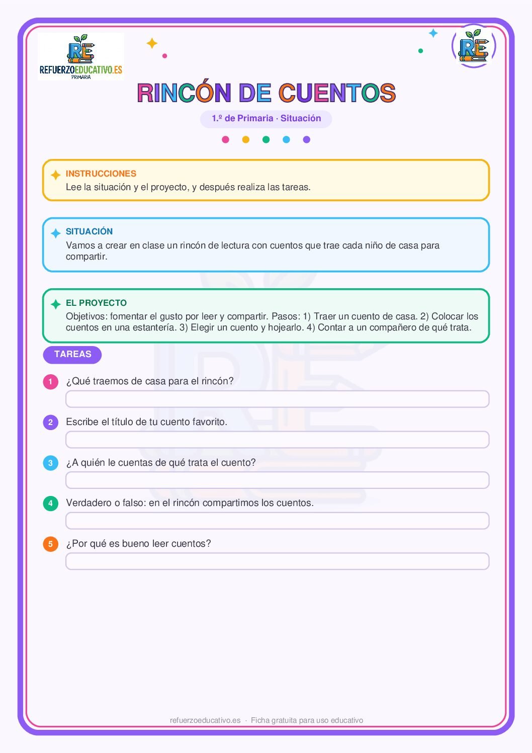 Situación de aprendizaje: Rincón de cuentos para 1º de Primaria (PDF) Ficha imprimible: Situación de aprendizaje: Rincón de cuentos para 1º de Primaria