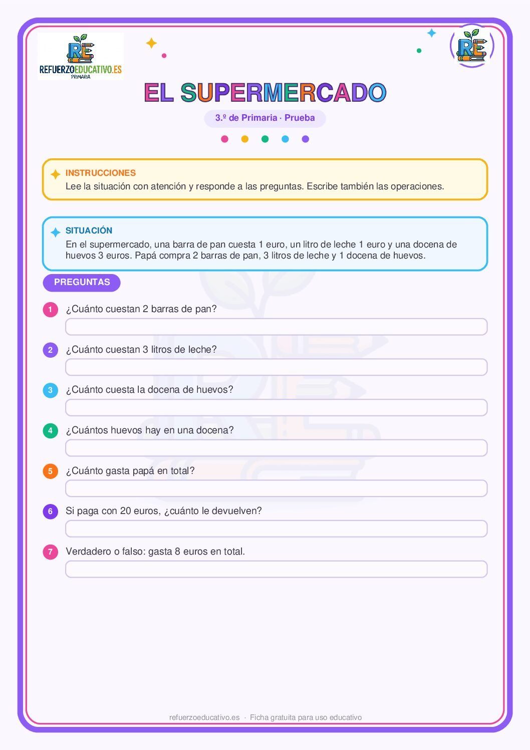 Prueba competencial: El supermercado para 3º de Primaria (PDF) Ficha imprimible: Prueba competencial: El supermercado para 3º de Primaria