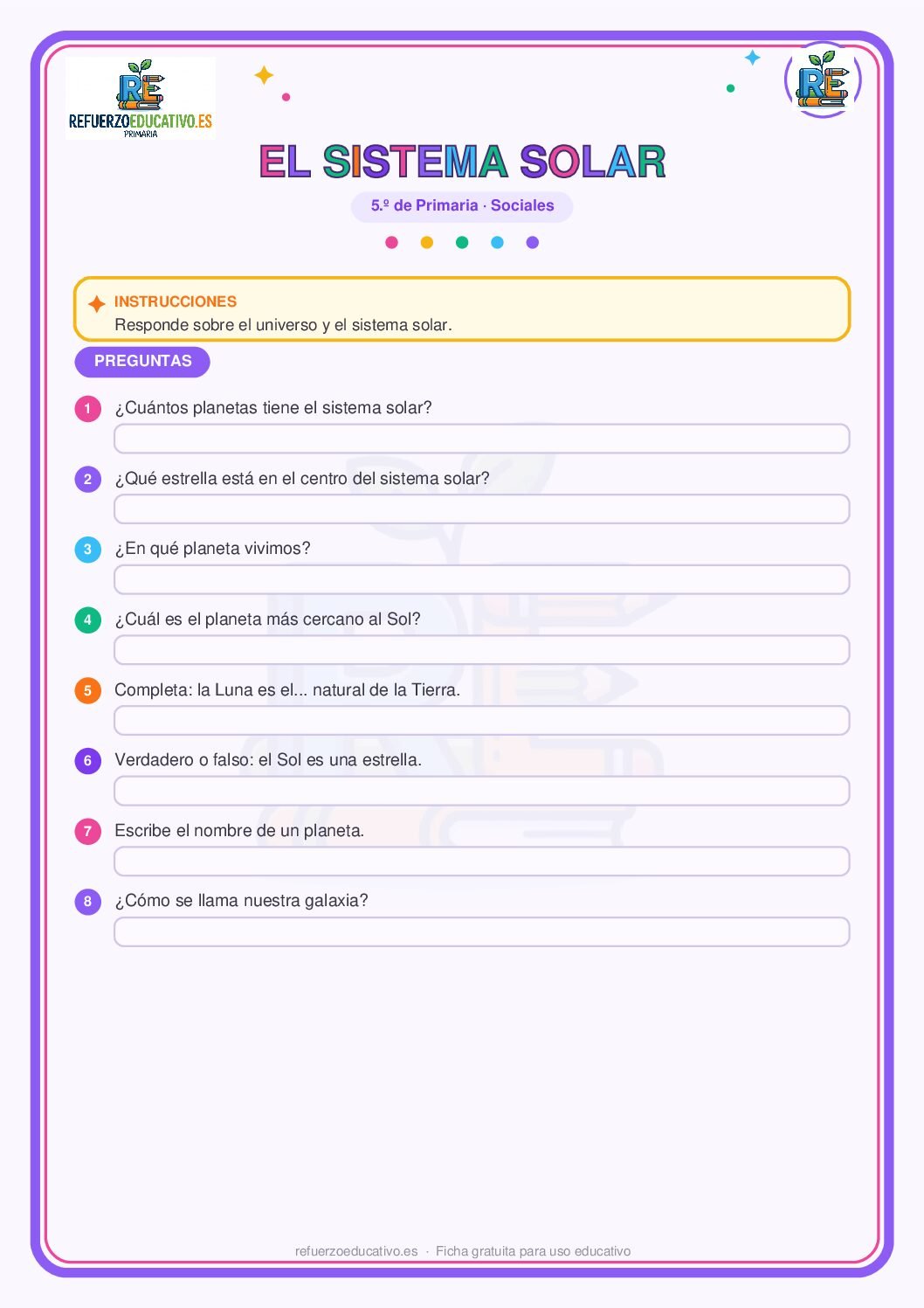 El universo y el sistema solar para 5º de Primaria (PDF) Ficha imprimible: El universo y el sistema solar para 5º de Primaria