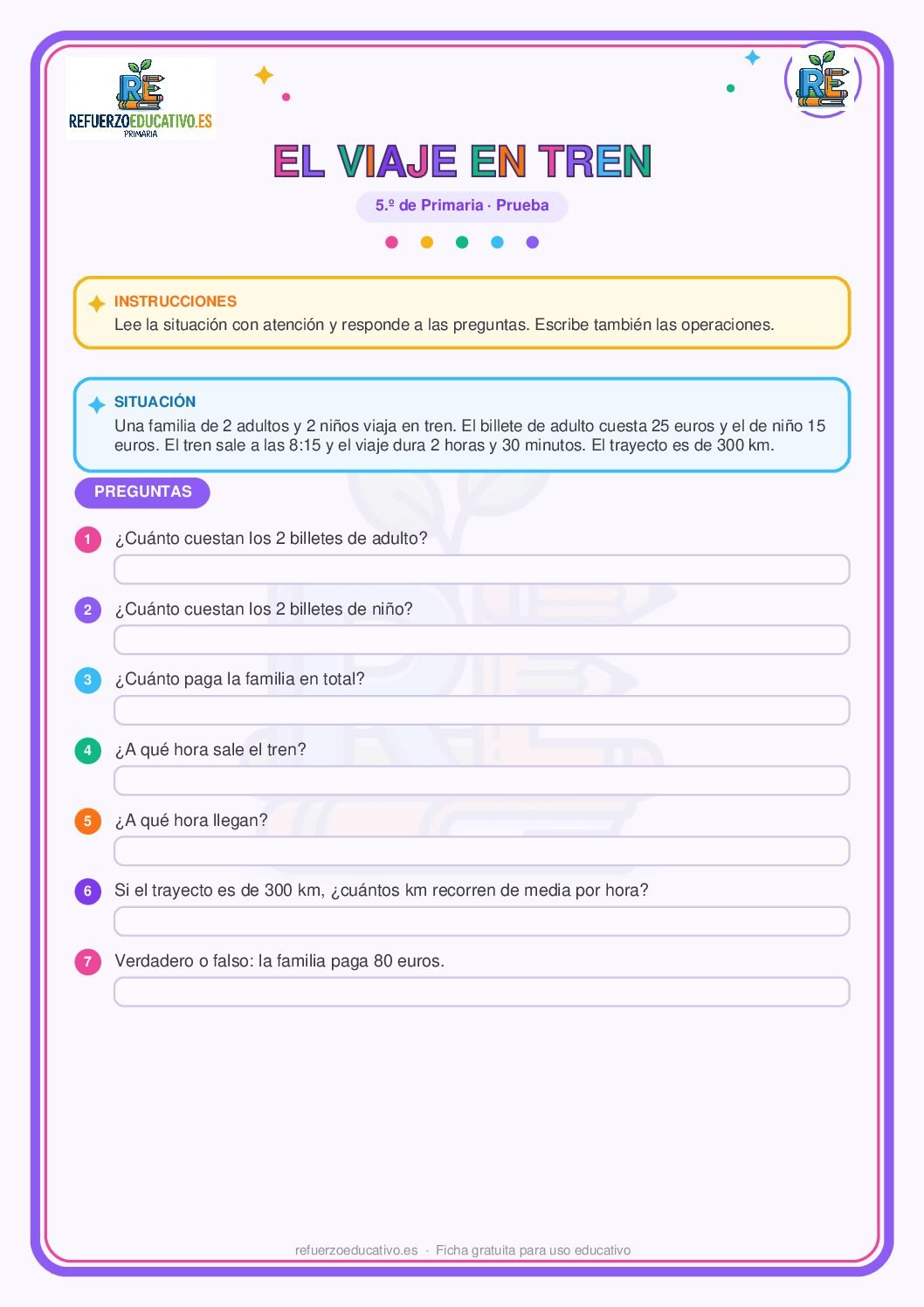 Prueba competencial: El viaje en tren para 5º de Primaria (PDF) Ficha imprimible: Prueba competencial: El viaje en tren para 5º de Primaria