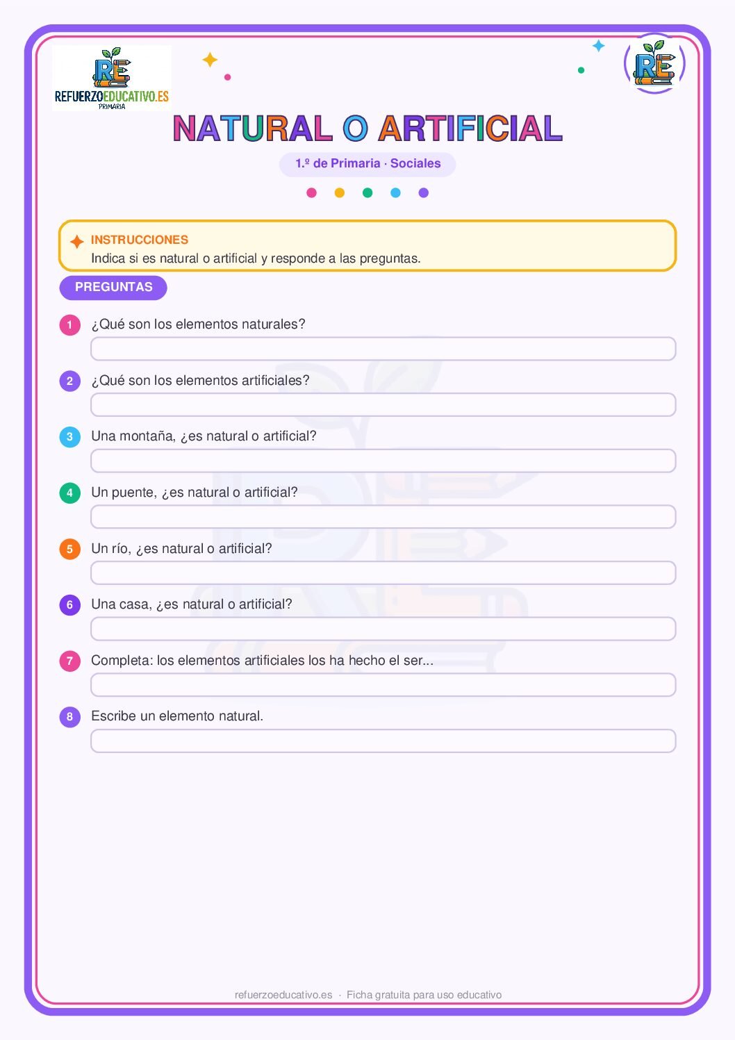 Ficha imprimible: Elementos naturales y artificiales para 1º de Primaria
