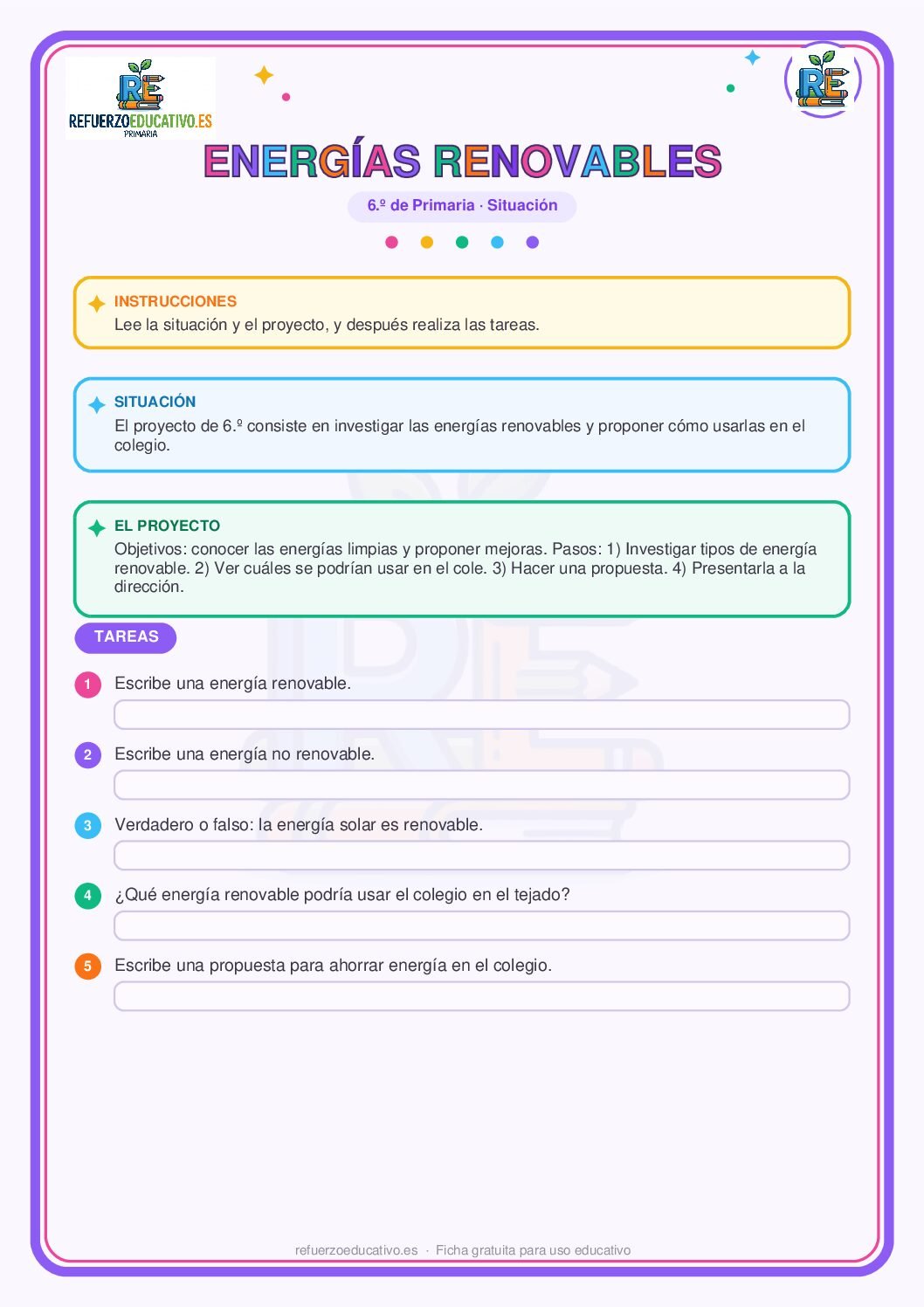 Ficha imprimible: Situación de aprendizaje: Energías renovables para 6º de Primaria