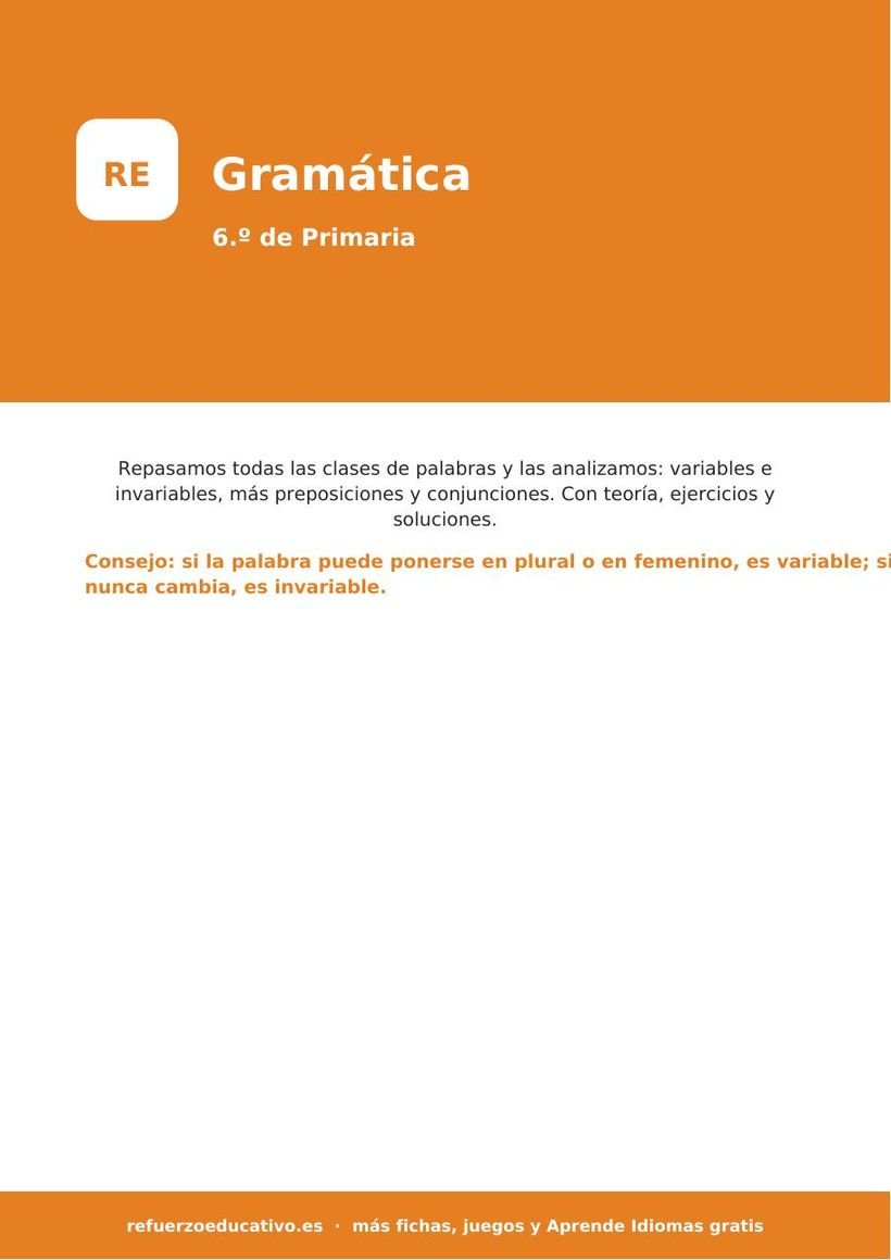Gramática para 6.º de Primaria: clases de palabras (con soluciones) gramatica 6 primaria portada