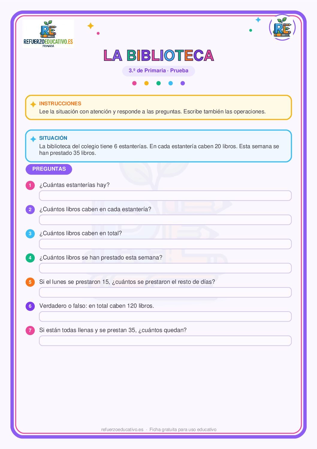 Ficha imprimible: Prueba competencial: La biblioteca para 3º de Primaria