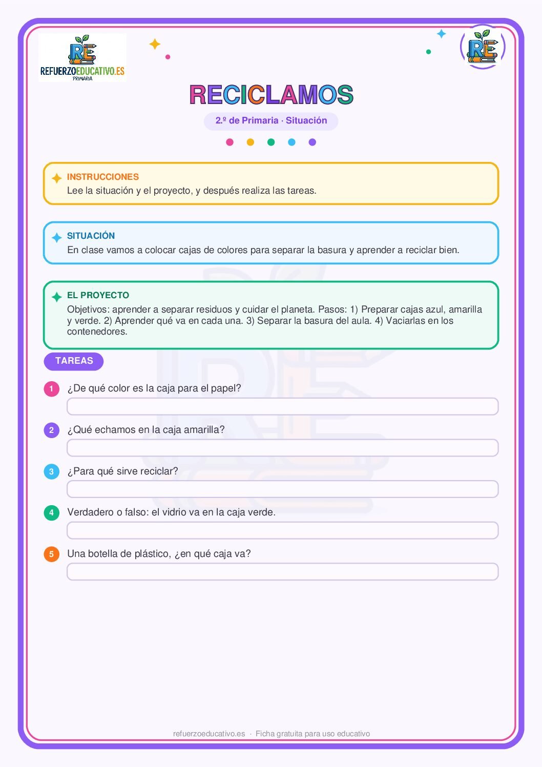 Situación de aprendizaje: Reciclamos para 2º de Primaria (PDF) Ficha imprimible: Situación de aprendizaje: Reciclamos para 2º de Primaria