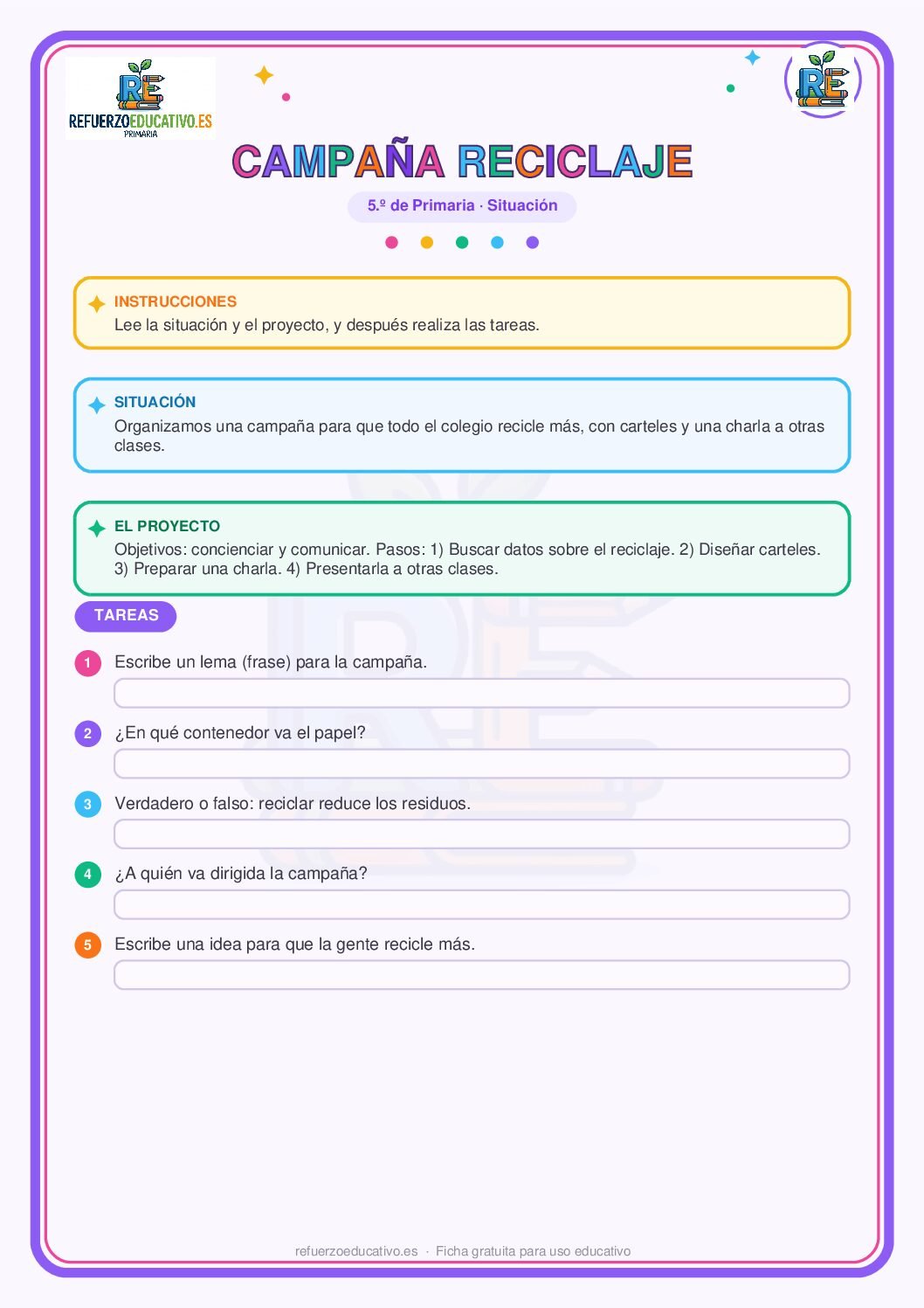 Situación de aprendizaje: Campaña reciclaje para 5º de Primaria (PDF) Ficha imprimible: Situación de aprendizaje: Campaña reciclaje para 5º de Primaria