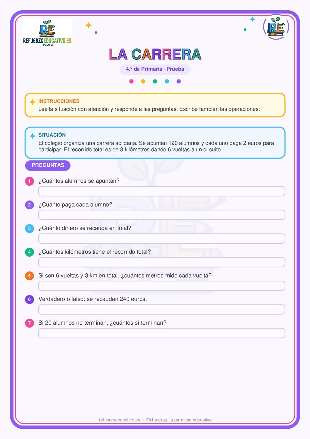 Ficha imprimible: Prueba competencial: La carrera para 4º de Primaria